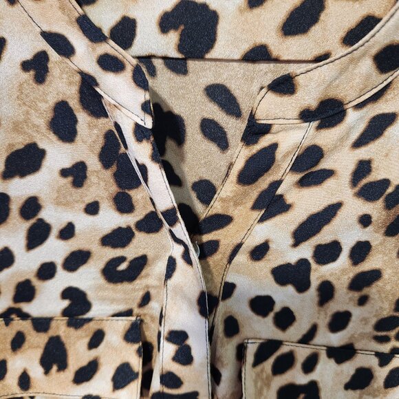 Calvin Klein Women's Brown Leopard Print Long Sleeve Roll -Tab Blouse Top -Small - Picture 4 of 9